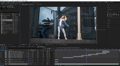 A video editing project open in Adobe After Effects, showing a timeline with multiple layers and a preview of a woman dancing in front of a building.